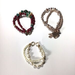 Double Strand Beaded Braclet Lot of 3 Charm Stretch Toggle Clasp